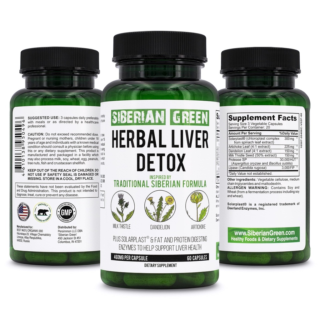 Siberian Green Herbal Liver Detox with Milk Thistle Artichoke Dandelion 60 캡슐 - 전통적인 Siberian Formula Plus Enzymes to Support Liver 건강