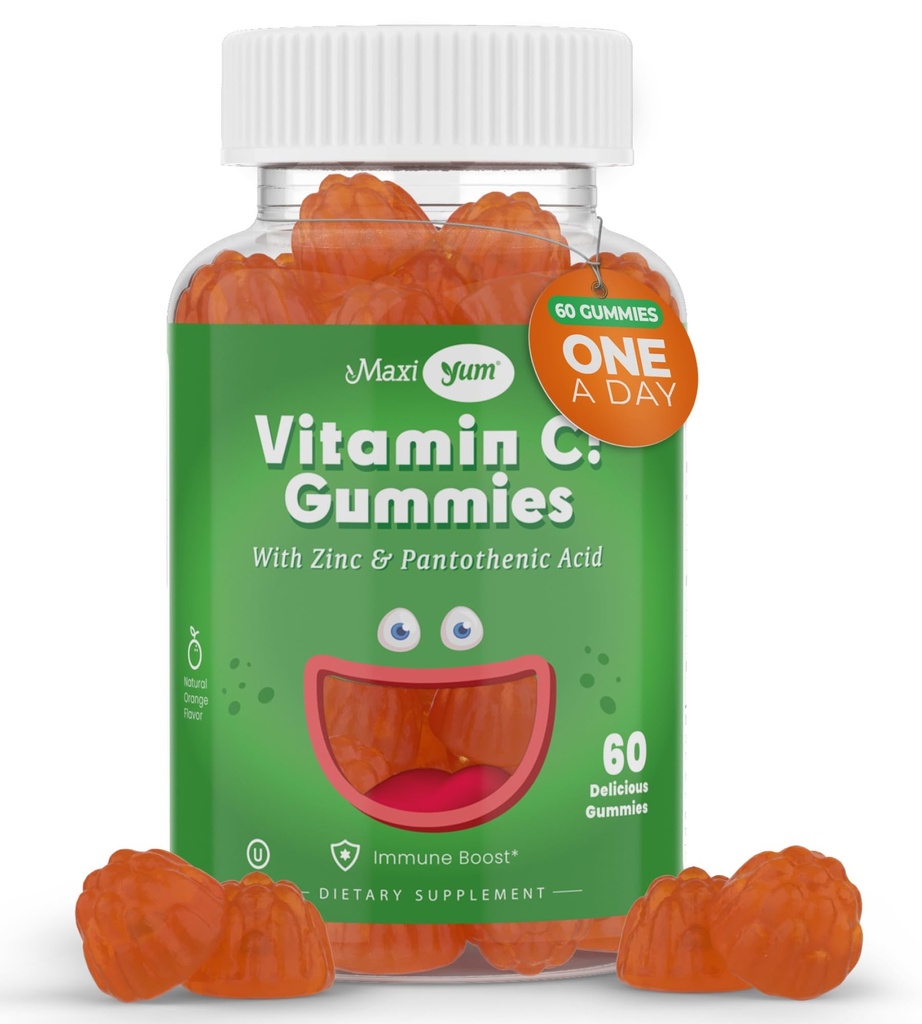 아연을 가진 Maxi-Health 비타민 C Gummies - 아이들과 성인을 위한 아연을 가진 Maxi-Health 비타민 C - 호흡 지원과 면역 부스터 - 부식방지제 및 인공 풍미 없음 - 60 과일 모양 Gummies