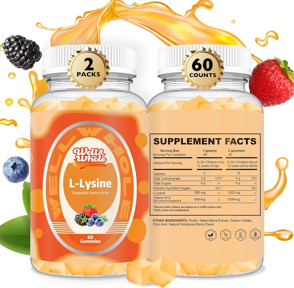 L-Lysine Gummies 1000mg - 어린이와 성인을위한 L-Lysine 보조 식품 - 여성을위한 입술 및 냉 Sore * 지원 - 비타민 B12와 Chewable Lysine Gummies - Vegan, Non GMO, 글루텐 - 무료, 120 조사