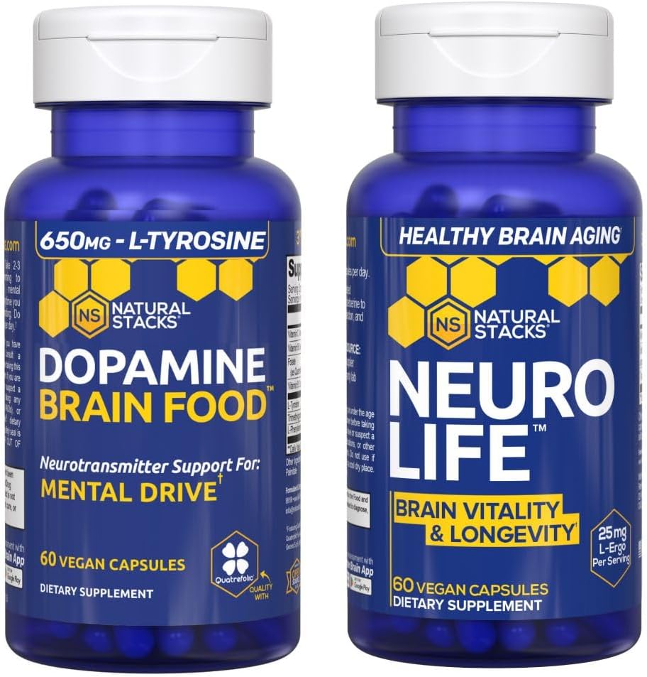 NATURAL STACKS NeuroLife + Dopamine Brain Food 번들 - Mental Drive & Brain Longevity* - 120 총 캡슐 지원