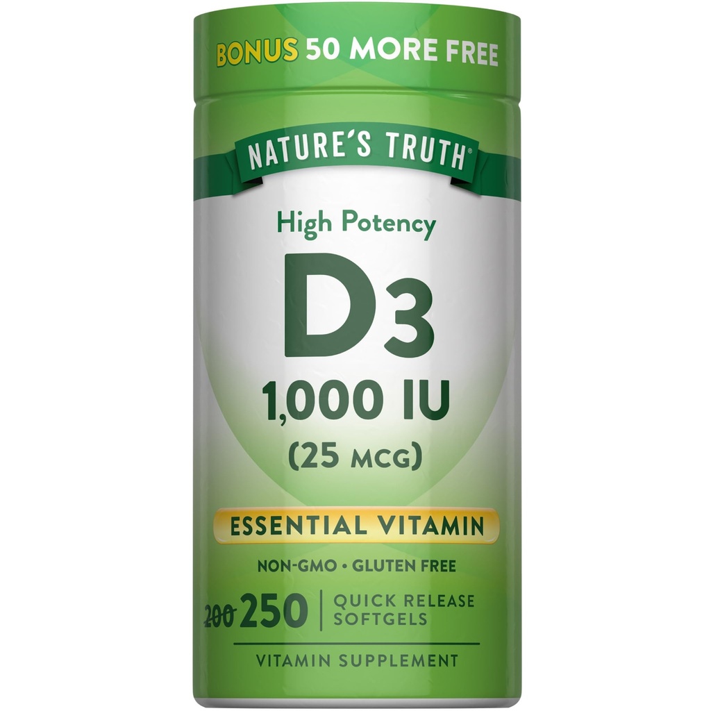 자연의 진실 D3 1000 IU | 250 Softgels | 필수 비타민 D | 비 GMO & 글루텐 무료 보충