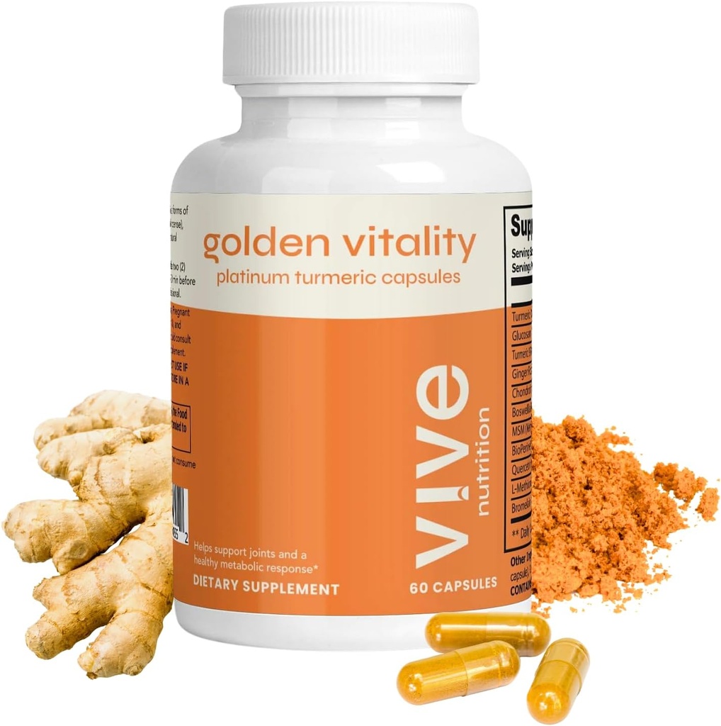 Golden Vitality Turmeric Curcumin 캡슐 - 95 % Curcuminoids, Glucosamine, Chondroitin, MSM 및 BioPerine과 플래티넘 혼합 - 공동 및 뼈 지원 - 60 개, 30 일 공급