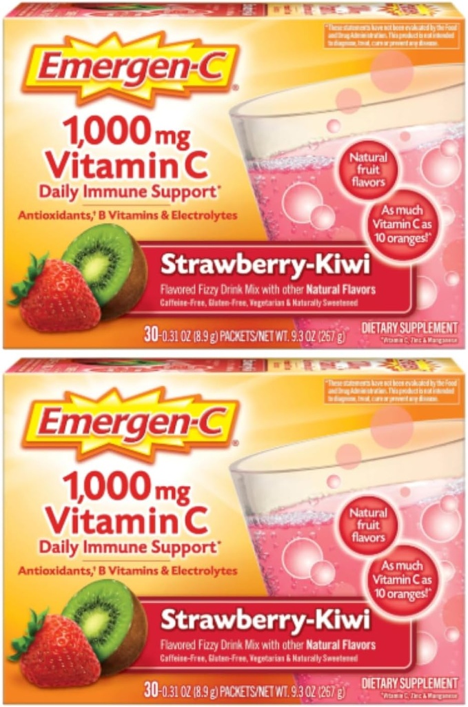 Emergen-C 1000mg 비타민 C 분말, Strawberry Kiwi 맛, 산화 방지제, B 비타민 및 전해질, 면역 지원을위한 비타민 C 보충제, 30 개 (팩 2)