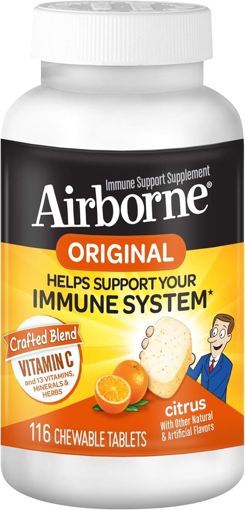 Airborne 1000mg 비타민 C + 아연 Immune 지원 보충교재 Chewable 정제, 강력한 산화 방지제 비타민 A C & E, 116 Chewable 정제 (3 팩)를 가진 감귤류 풍미