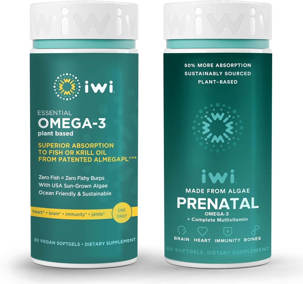 Iwi Omega-3 Essential & Prenatal Multivitamin 번들, 30 서빙, Vegan Plant-Based Algae Omega 3, Krill & Fish Oil Alternatives, No Fishy Aftertaste