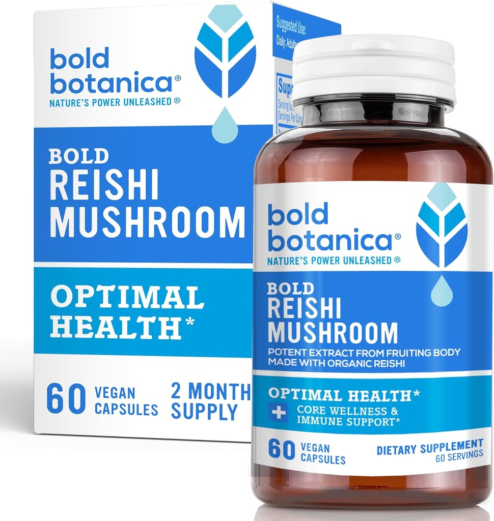 Bold Botanica Reishi 버섯 캡슐 - 100 % 과일 바디 - 면역 지원 및 핵심 웰빙을위한 농축 유기 시 추출물 - Mycelia & No Grain - 60 Vegan 캡슐