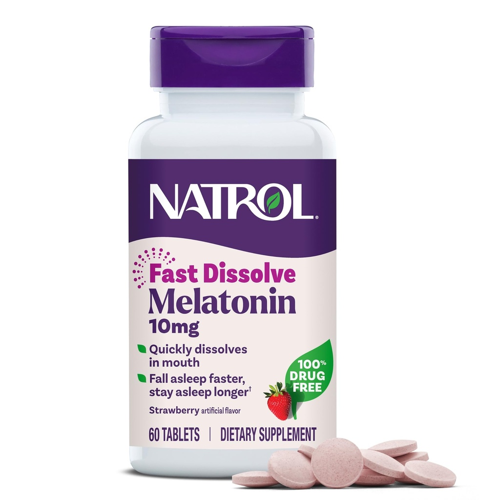 Natrol Melatonin 10mg 빠른 용해 정제 - 딸기 풍미, 60 조사, 수면 지원, 성인을위한 빠른 용해 Melatonin, 60 일 공급