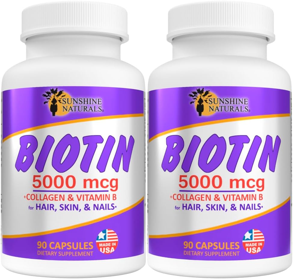 Sunshine Naturals Biotin Dietary Supplement. for Healthier Skin, 두꺼운 머리, 네일 성장. 교원질, 비타민 A, 탈모를 위한 B, 아름다움, 세포 갱신, Scalp 건강. 5000 mcg. 90의 캡슐. 팩 2