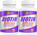Sunshine Naturals Biotin Dietary Supplement. for Healthier Skin, 두꺼운 머리, 네일 성장. 교원질, 비타민 A, 탈모를 위한 B, 아름다움, 세포 갱신, Scalp 건강. 5000 mcg. 90의 캡슐. 팩 2