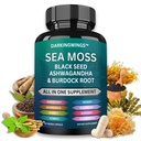 Sea Moss Advanced - Sea Moss 3000mg Black Seed Oil 2000mg Ashwagandha 1000MG Bladderwrack 1000mg Burdock 1000mg & Vitamin C 비타민 D3 피부 헤어 보충제 용 | 남자 및 여성| 30 일 공급 캡슐