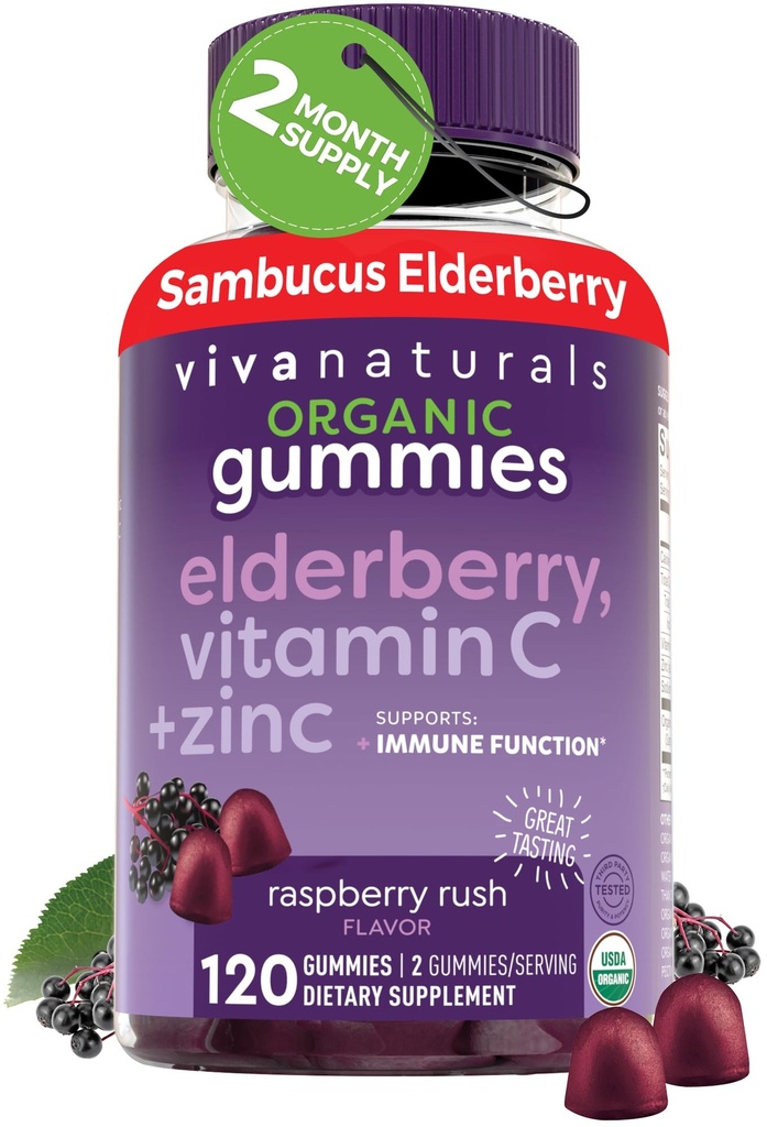 Viva Natural Sambucus Elderberry Gummies for Adults (120 카운트) - 3in1 Black Elderberry 비타민 C 및 아연 Immune 지원 Gummies, Chewable Elderberry 보충제, 아연 Immunity Gummies