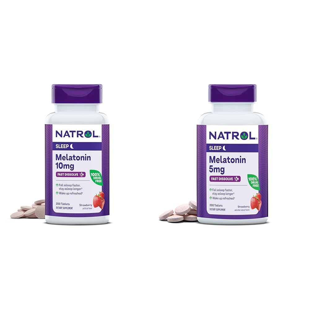 Natrol Melatonin 10mg 200 정제 & 5mg 200 정제 Strawberry-Flavored 빠른 용해 수면 지원 규정식 보충교재 뭉치