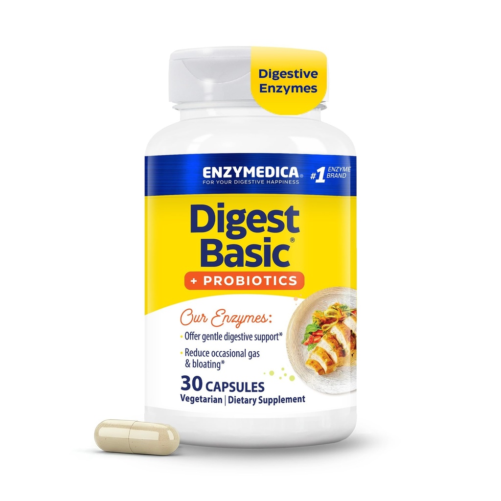 Enzymedica, Digest Basic + Probiotics, 캡슐 당 400 백만 CFU 활성 문화가있는 Gentle Digestive Enzymes, 30 캡슐