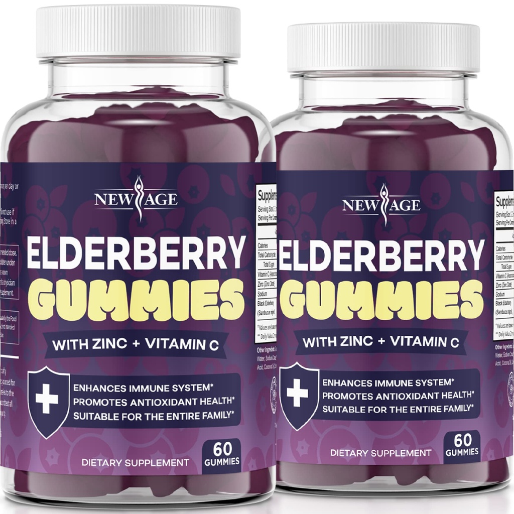 NEW AGE (2-Pack) 비타민 C, 아연, 프로 폴리스 - Sambucus Black Elderberry Gummy Extract - 글루텐 무료 및 채식 - 120 구미