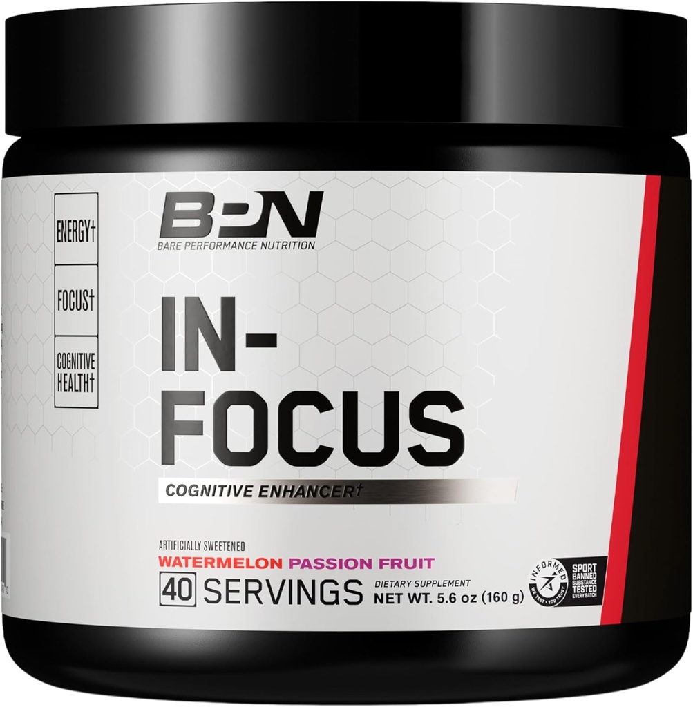 BARE PERFORMANCE NUTRITION, BPN in-Focus Brain Support Supplement, Focus & Energy, Alpha GPC, Watermelon Passionfruit, 40 서빙