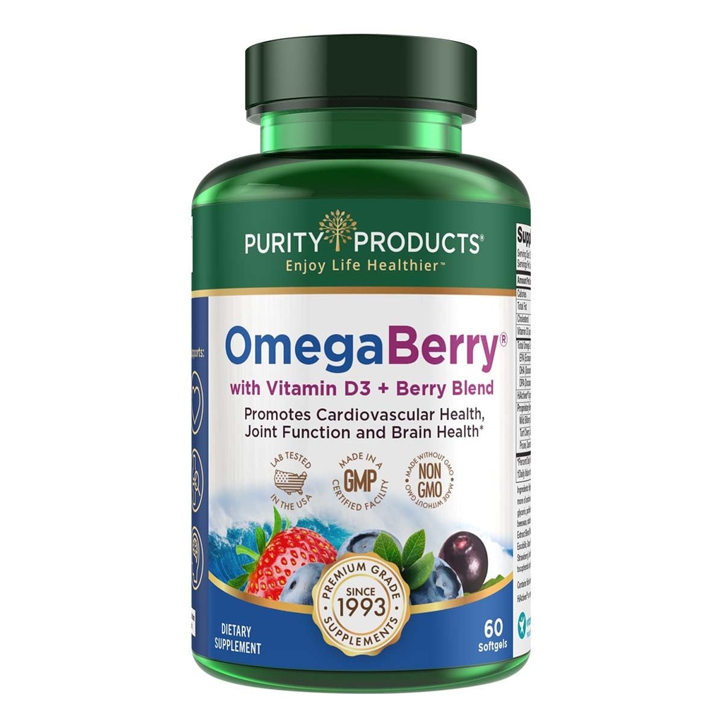 순수성 제품 OmegaBerry 물고기 기름 비타민 D3와 유기 Acai - 1250mg 집중된 분자로 증류된 매우 순수한 Omega-3 물고기 기름, 500mg DHA + 650mg EPA - 60 연약한 젤 - 30 일 공급에서