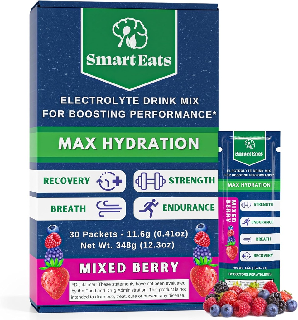 Smart Eats Electrolyte Powder - 1,690mg Electrolytes, 9 Essential Minerals & Vitamins, 5 Antioxidants, Rapid & Energizing Hydration, 의사에 의해 설계된, <1 Gram Sugar, Sour Berry flavor - 30 Packets