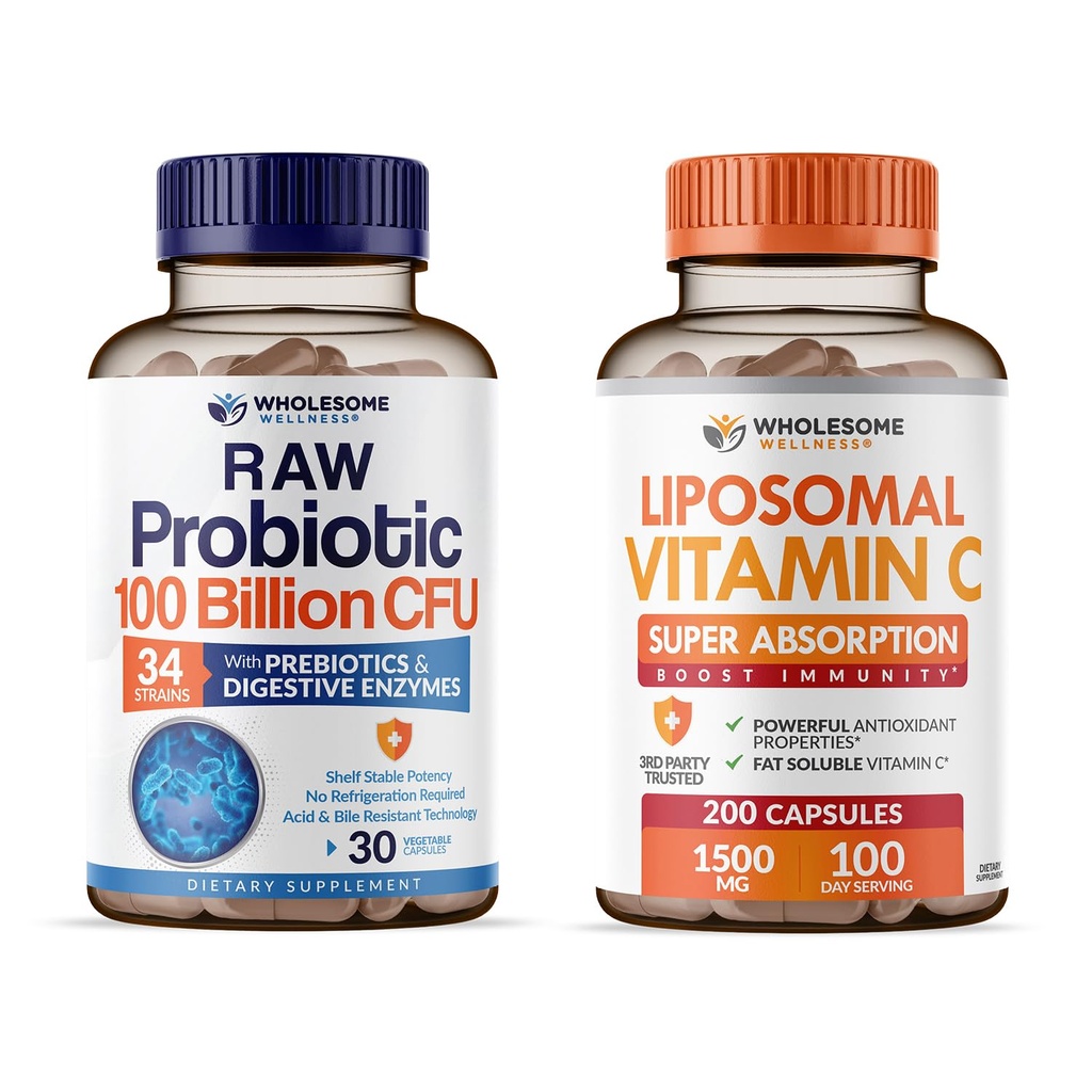 Wholesome Wellness Organic Probiotics 100 억 CFU, 여성 및 남성 + Liposomal 비타민 C 캡슐 (200 알약 1500mg 버퍼) 높은 흡수 VIT C 번들을위한 공식화 한 박사