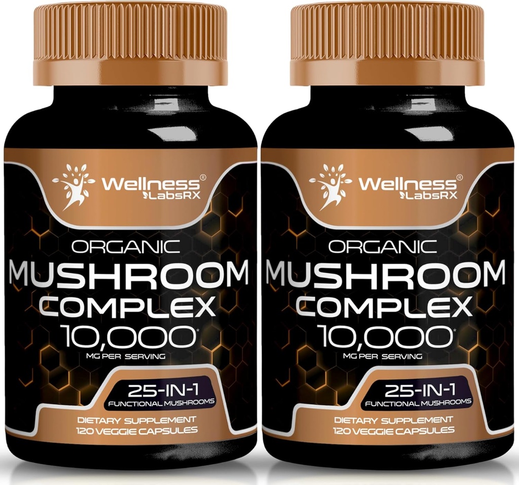 WELLNESS LABSRX 버섯 보충 캡슐 10 : 1 추출물, 버섯 복합 캡슐 1000mg, 터키 꼬리, Cordyceps, Reishi - 2 팩과 사자 Mane 보충