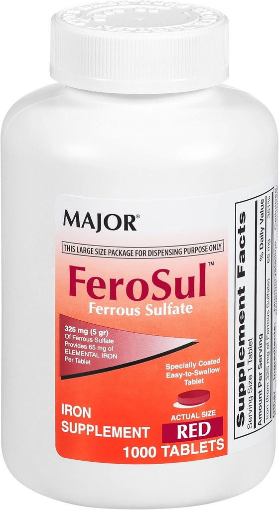 주요 FeroSul - 철 황산염 325 mg 정제 - 여성과 남성을위한 철 보충 - 특별히 코팅 된 쉬운 토 얕은 정제 - 빨간색 - 1000 기타 제품