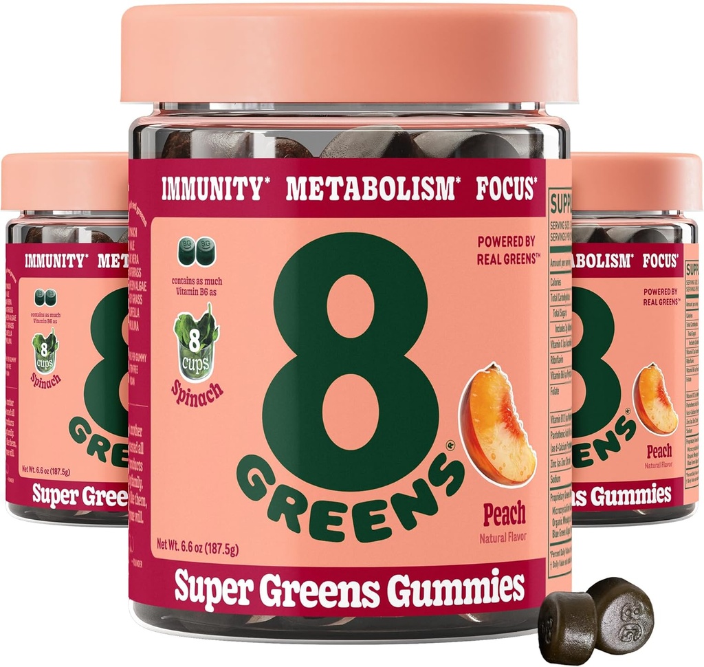8Greens Supergreens Gummies | Metabolism, Immunity & Focus, Digestive Health Enzymes, Organic : Chlorella, Spirulina, Aloe Vera, 복숭아 맛, 150 조사를위한 슈퍼 그린 파우더 슈퍼 푸드 거미