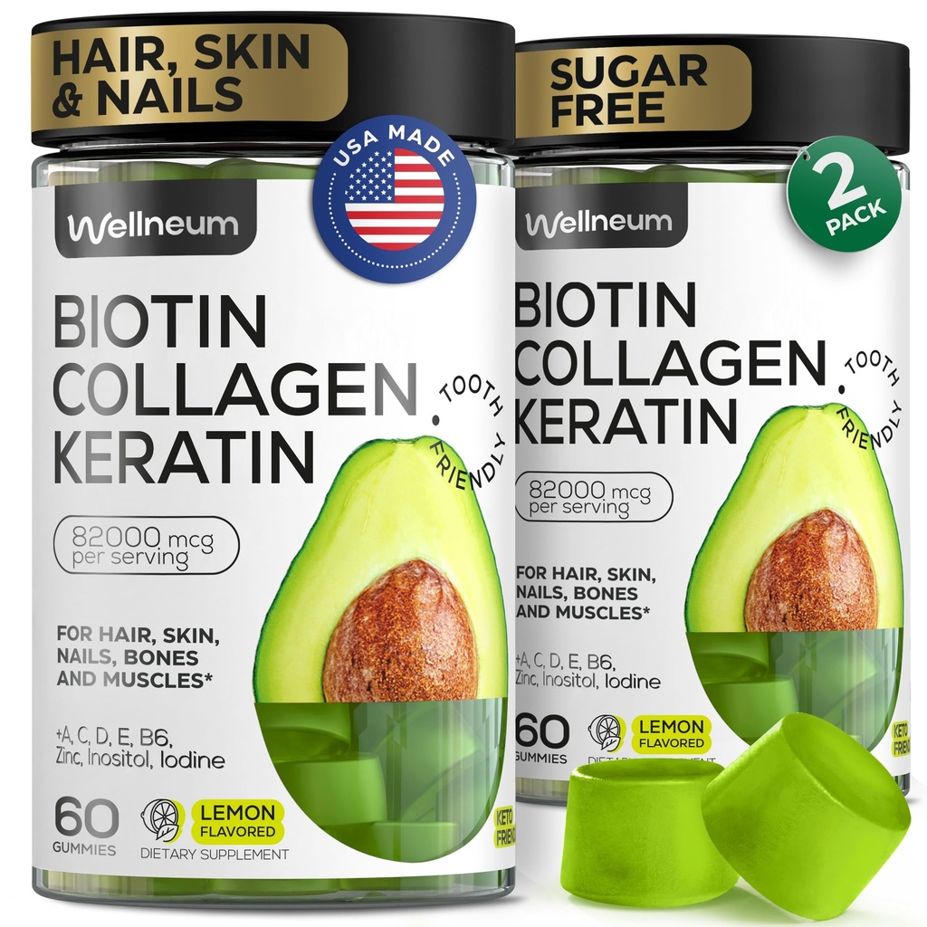 머리 성장, 피부 및 못을 위한 Biotin와 교원질 펩티드 Gummies 120 PC (2 팩) - 82000 Mcg - Keratin 최대 힘을 가진 Biotin Chewable - 여자와 남자를 위한 아름다움 Gummies - 설탕 자유로운, 비 GMO
