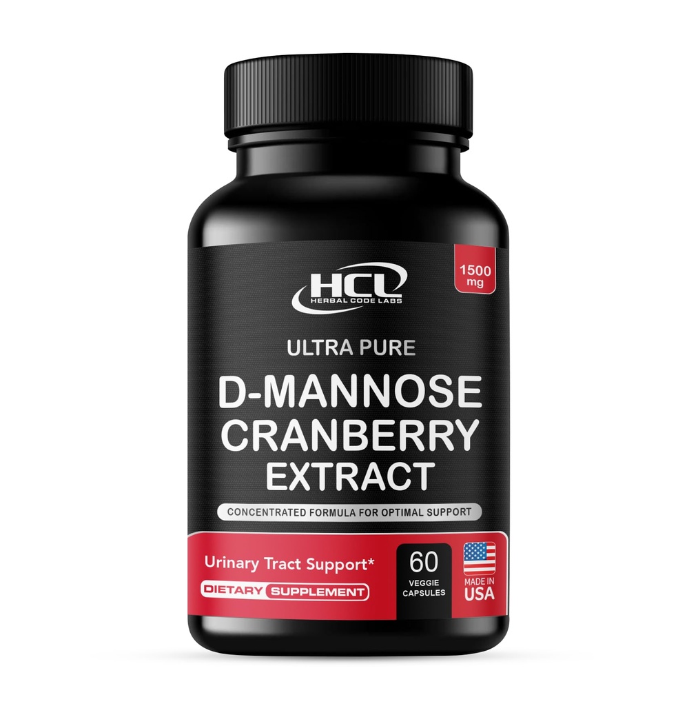 HCL HERBAL CODE LABS D-Mannose with Cranberry Extract Capsules 1500mg - 전체 과일 크랜베리 파우더가있는 높은 Potency USP Grade D-Mannose 보충 – Urinary Tract Support – Non-GMO 60 캡슐