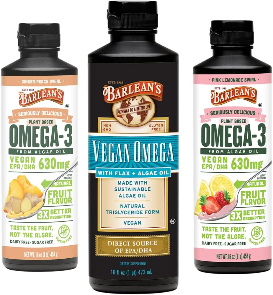 Barlean 's Vegan Omega 3 조류 오일 액체 보충 번들, Flaxseed 및 조류 오일 혼합, Ginger Peach 및 Pink Lemonade 풍미, EPA 및 DHA 지방산 포함