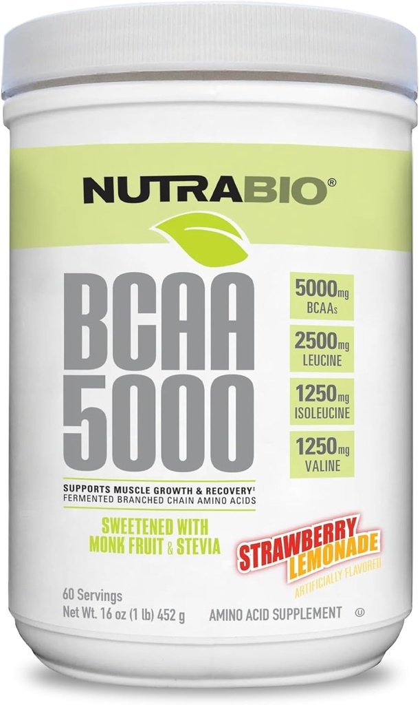NutraBio BCAA 5000 분말 - 근육 성장 & 회복을 위한 발효된 분지된 사슬 아미노산 - 자연적인 풍미, 감미료 및 착색, 채식주의자, 글루텐 자유로운 - 딸기 Lemonade, 60의 서빙