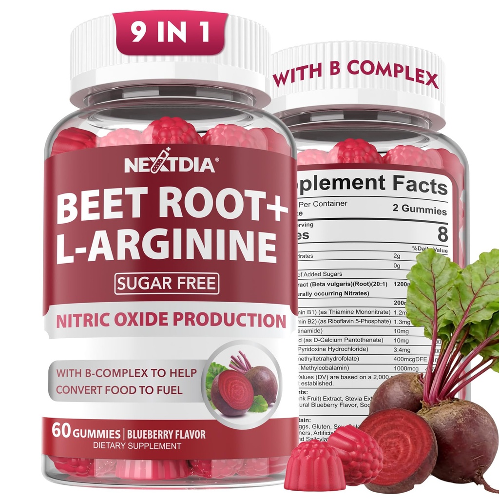 잎 뿌리 Gummies & L 아르기닌, 남자 & 여자 w/Organic 베레, B1, B2, B3, B5, B6, Folate, 에너지 부스트 & 순환 지원, 설탕 무료, 120 Cts를 위한 B12