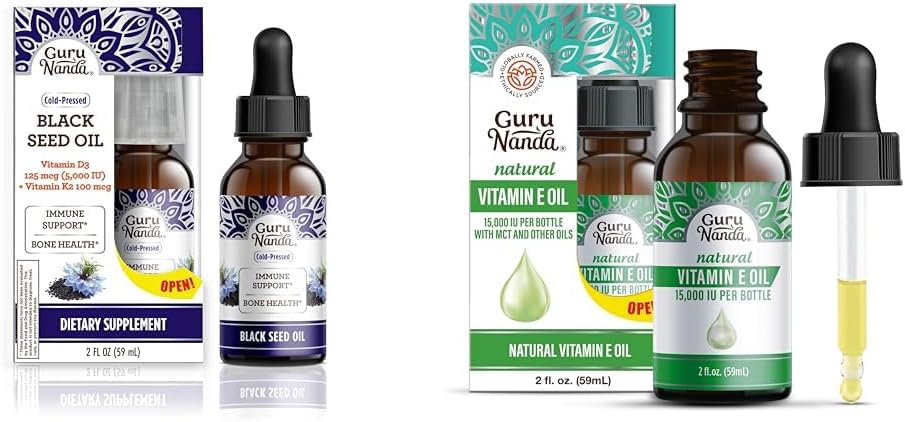 GuruNanda Black Seed Oil, Cold-Pressed Nigella Sativa - 비타민 D3 5000 단위, K2 & E & 비타민 E 오일 (2 Fl Oz) - 100 % 순수하고 천연, 피부, 헤어, 얼굴 병 당 15,000 IU