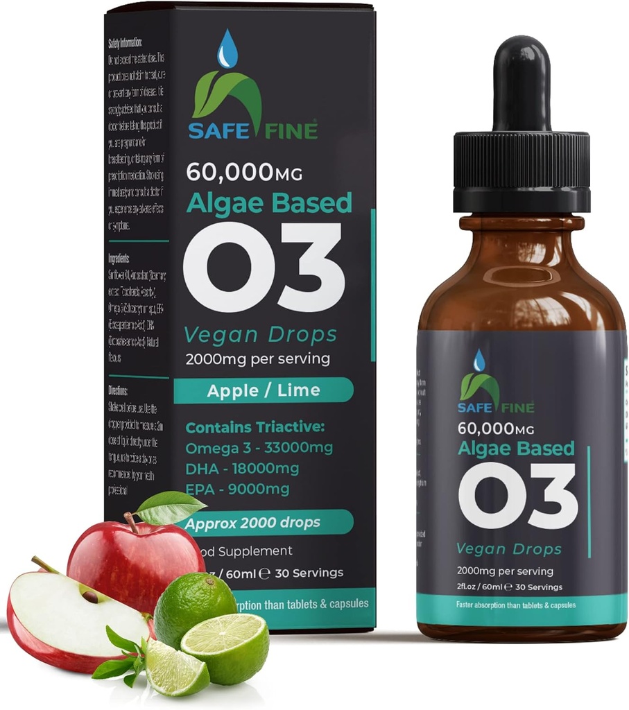 오메가 3 액체 채식 드롭 - 조류 오일의 DHA 및 EPA - 60 ml Dropper 병 - 봉사 당 2000 mg - 전체 가족을위한 전반적인 바디 웰니스 보충 지원