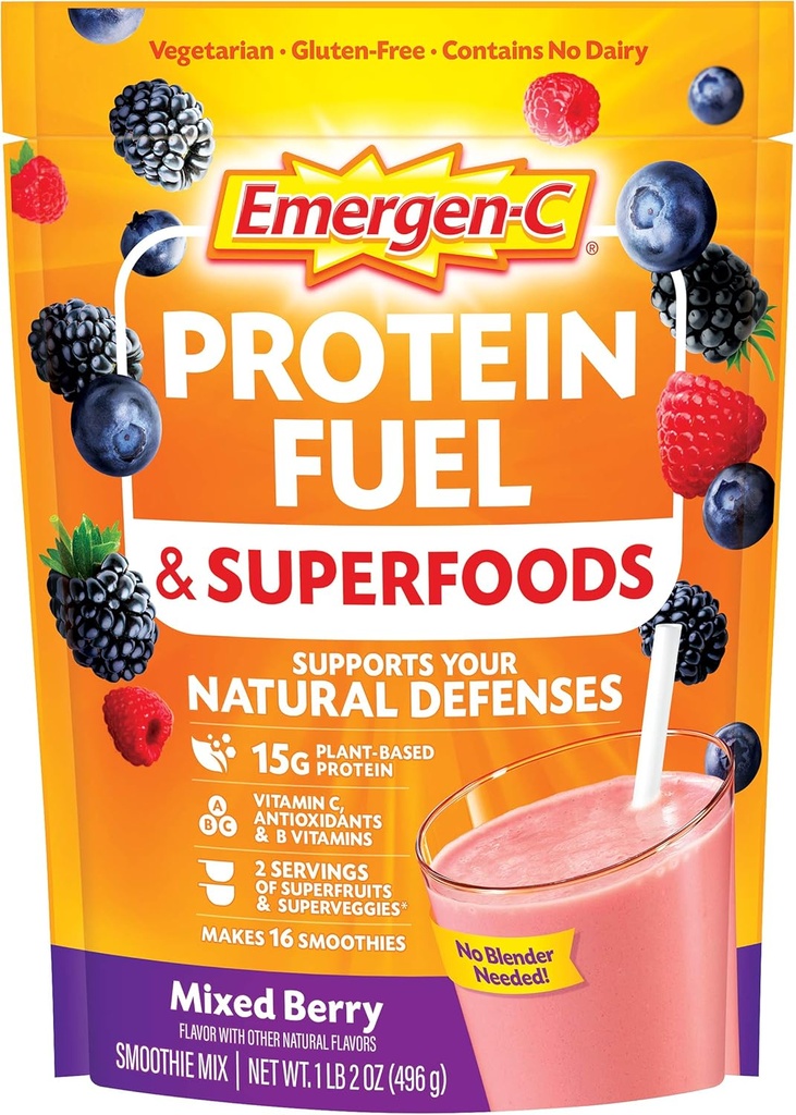 Emergen-C Protein Powder Fuel & Superfoods (16 서빙, 혼합 베리 맛) 유기농 슈퍼 푸드, 비타민 C 및 기타 산화제와 식물 기반 및 채식 Shake Mix
