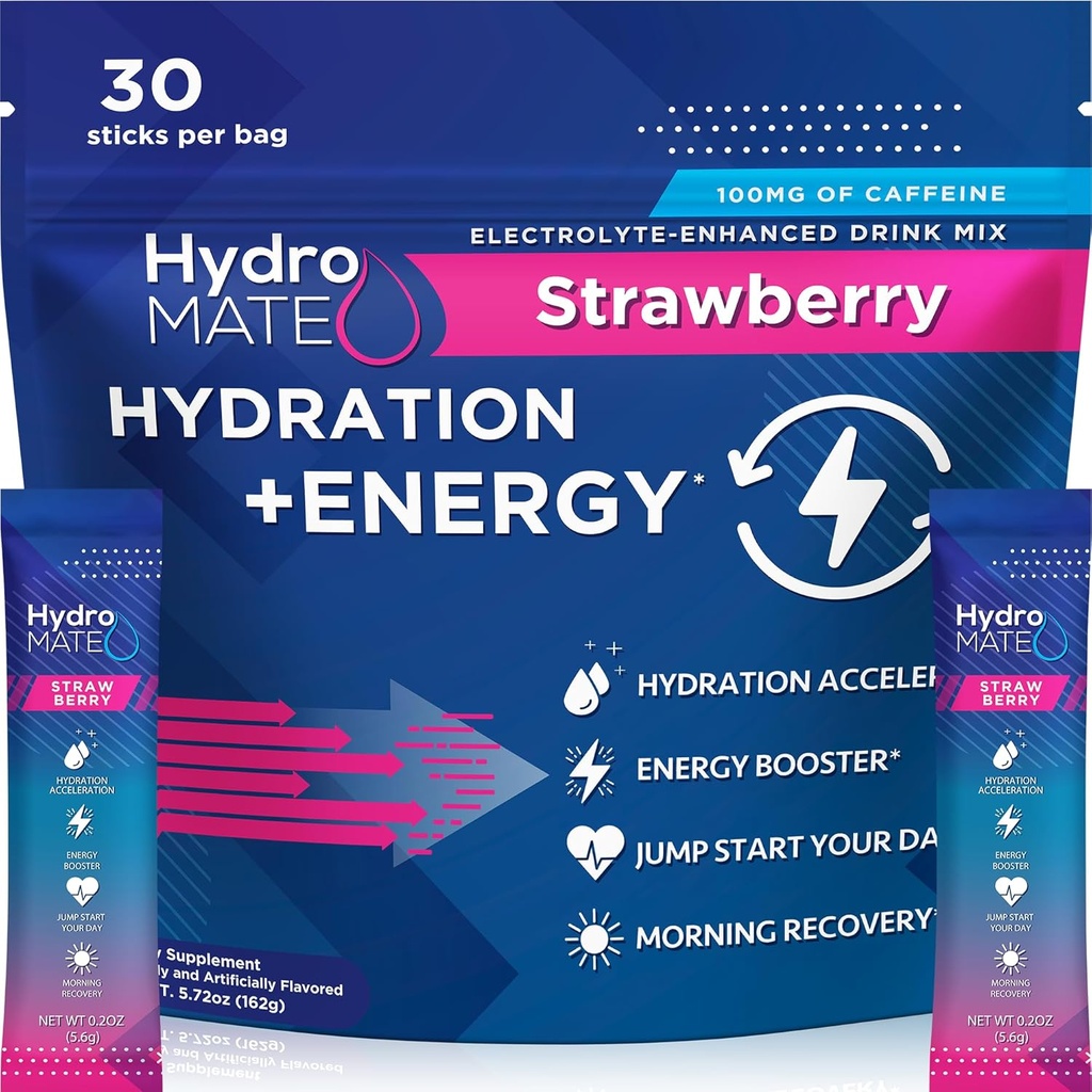HydroMATE Electrolytes 분말 음료 혼합 소포 Hydration 가속기 낮은 설탕 급속한 당 기복 회복 비타민 C 플러스 카페인 딸기 30 조사