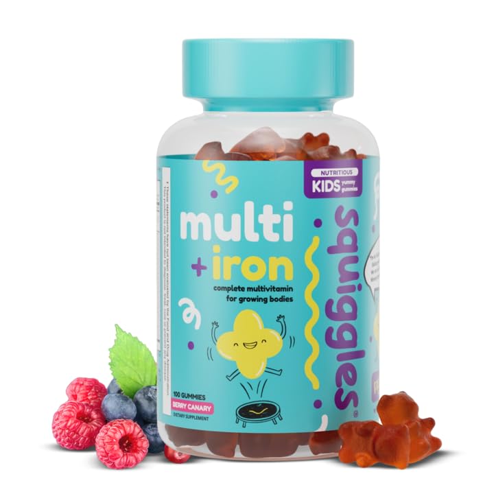 Squiggles Kids Multivitamin + Iron Gummies - 아이를위한 철 보충제가있는 낮은 설탕 거미 비타민 - 비타민과 미네랄, Chewy, Yummy Berry 풍미 (100 개)의 광대 스펙트럼