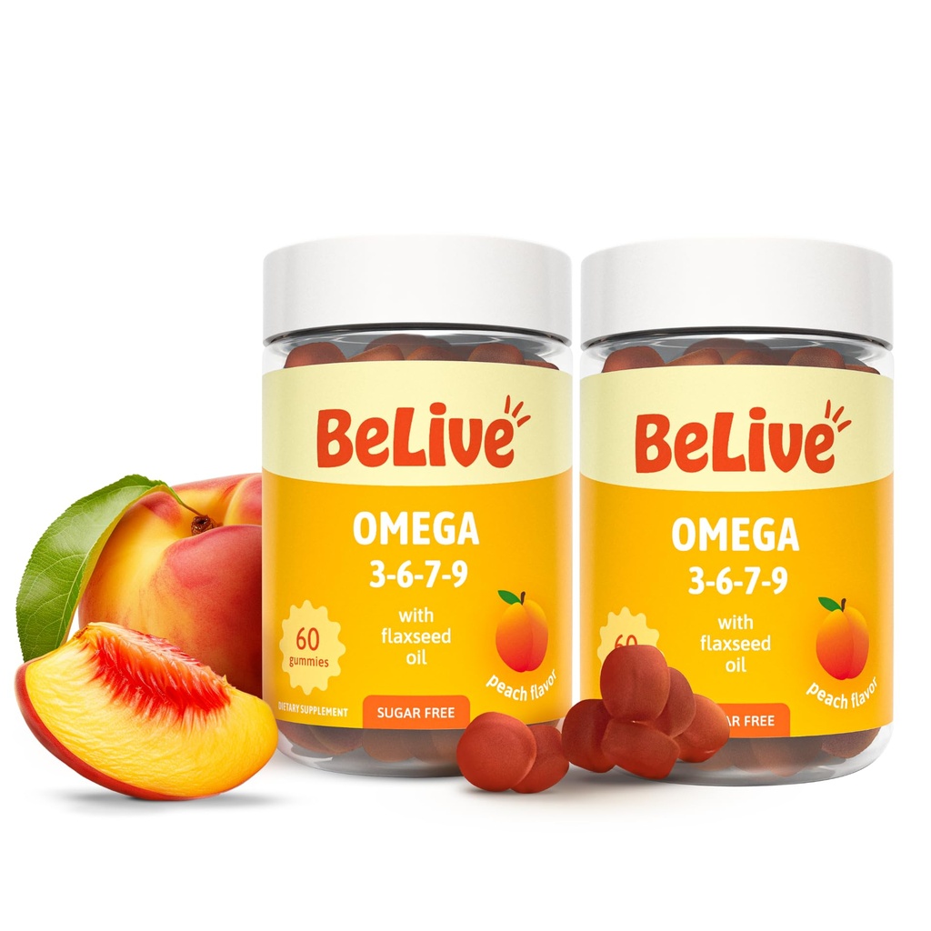 BeLive Organic Omega 3 Gummies - Flaxseed Oil & Sea Buckthorn Fruit Oil, Vegan, Kids & Adults, Full Body, Brain & Eye Support, Sugar Free - Peach의 오메가 3 6 9 7 DHA 및 EPA