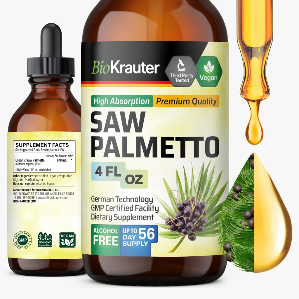 BIO KRAUTER Saw Palmetto Extract - Vegan Saw Palmetto for Men and Women - Urinary Support - 알코올 및 설탕 무료 - 4 Fl.Oz.