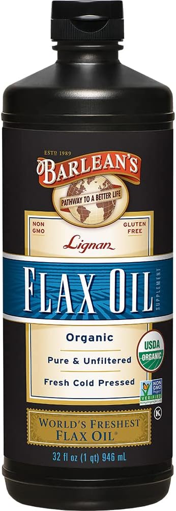 Barlean의 유기 Lignan Omega 3는 남자와 여자를 위한 기름 액체 보충교재, 찬 압박 Flax씨, 7230mg ALA 지방산, Vegan 및 글루텐, 32 oz를 해방합니다