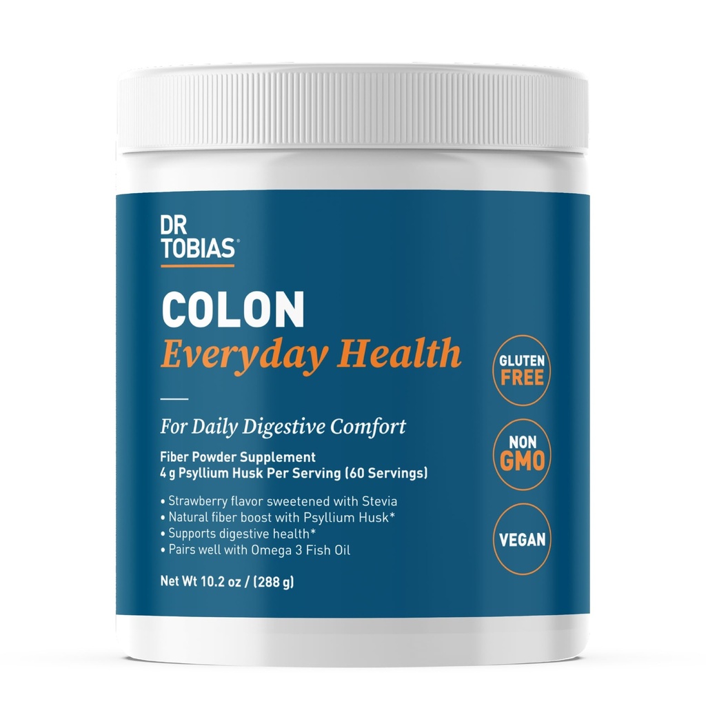 Dr. Tobias Colon Everyday Health - 여성 및 남성을위한 Gut Health - 서빙 당 4g Psyllium Husk Powder와 심리 섬유 분말 음료, Vegan, Gluten Free, Non-GMO, Strawberry flavor, 60 서빙