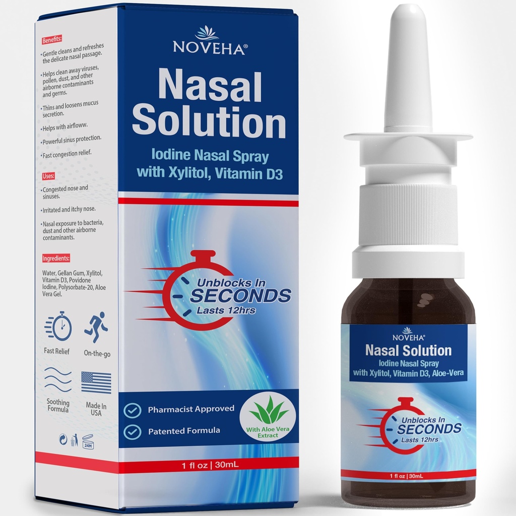 NOVEHA Nasal 스프레이 - 1 % Povidone-Iodine 스프레이, 비타민 D3, Aloe-Vera - Nasal 클렌저 (30mL)
