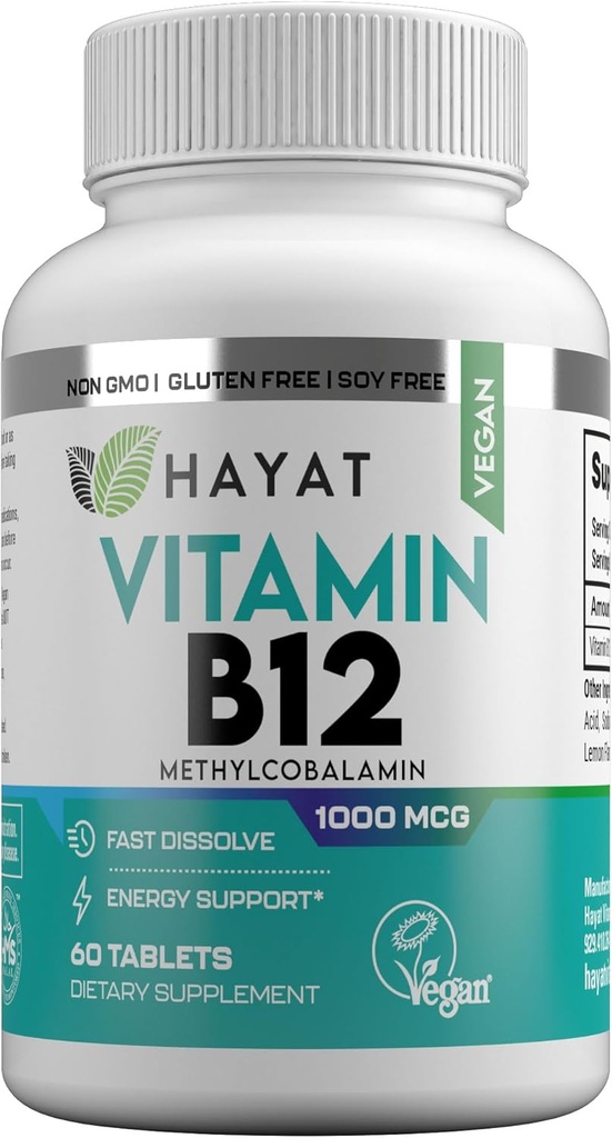 HAYAT 비타민 Vegan 자연적인 비타민 B12 1000 MCG의 에너지 대사 지원을 위한 규정식 보충교재, 2 달 공급, 모든 자연적인 증명된 Halal, 60 정제, 미국에서 만드는