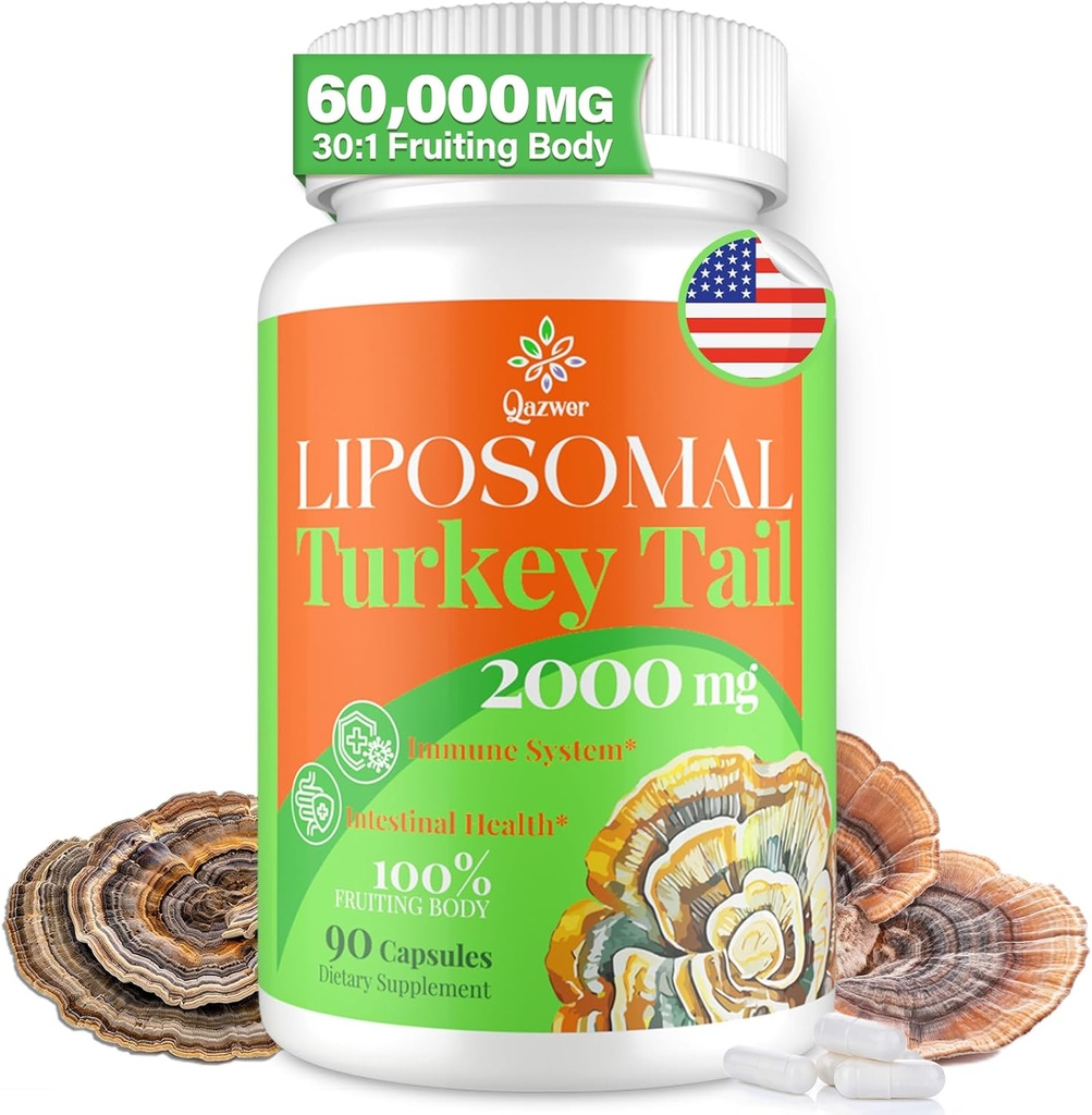 Liposomal 터키 꼬리 버섯 캡슐, 높은 흡수 유기 터키 꼬리 버섯 추출물 2000MG| 30:1 과일 바디| 소화 건강, 에너지 및 면역 지원, 비 GMO -90 캡슐에 대한 보충
