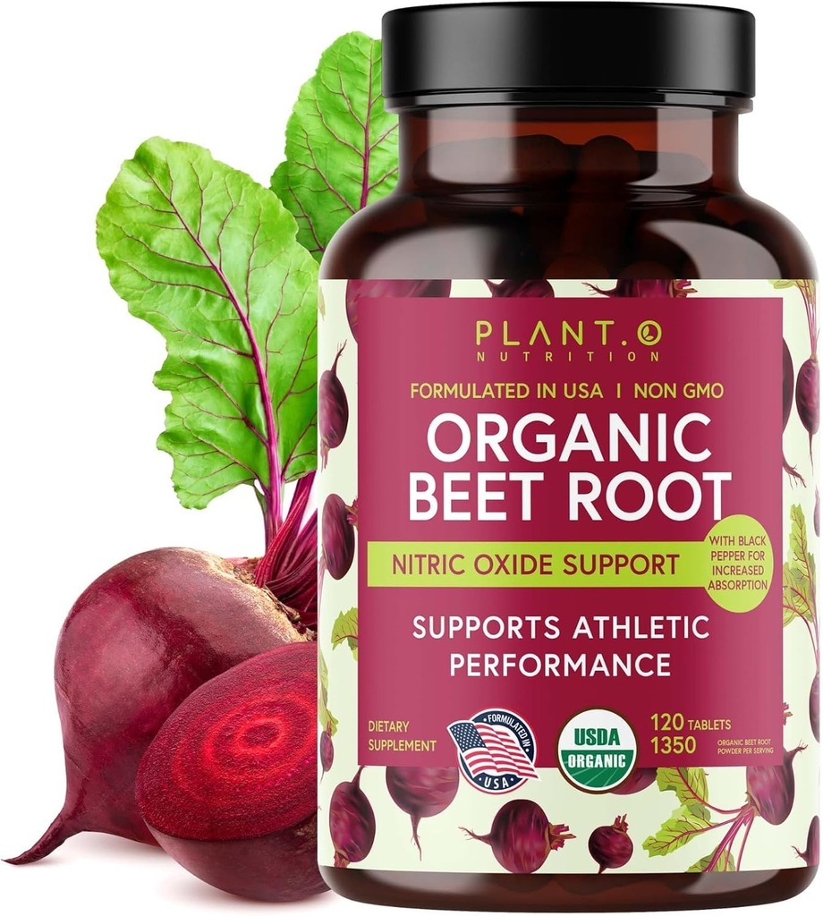 USDA Plant.O Premium Organic Beet Root Tablets [1350mg Beets Powder] 와 Black Pepper for Extra Absorption - 산화 질소 보충