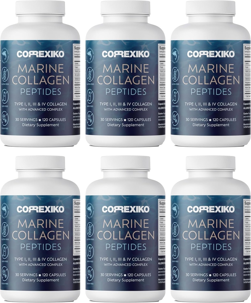 CORREXIKO 바다 교원질 보충교재 알약 - 추가된 Hyaluronic 산, 비타민 C & 무기물을 가진 서빙 당 1800mg 가수분해된 교원질 펩티드 - 머리, 피부 & 못을 위해 - 720의 캡슐 6 달 공급