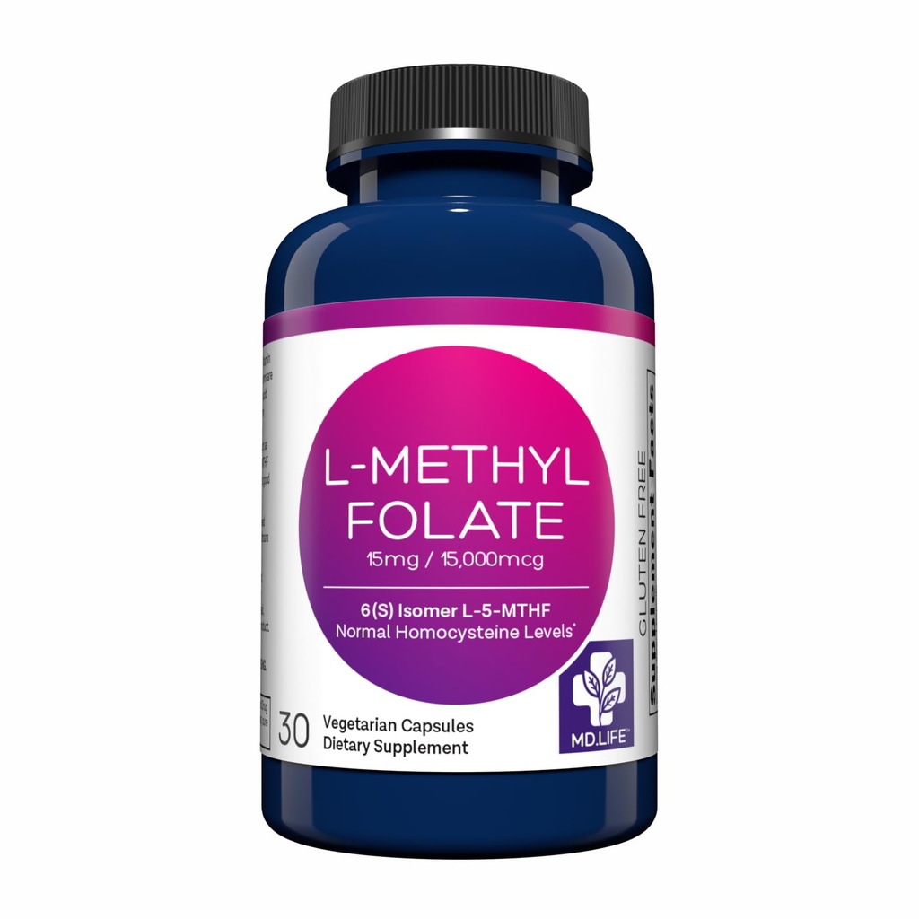 MD 생활 L-Methylfolate 15 mg 보충교재 - 직업적인 급료 활동적인 L Methylfolate 보충교재 - 30의 캡슐 - L-Methylfolate 15mg - 최대 힘 MTHFR W/Essential 아미노산