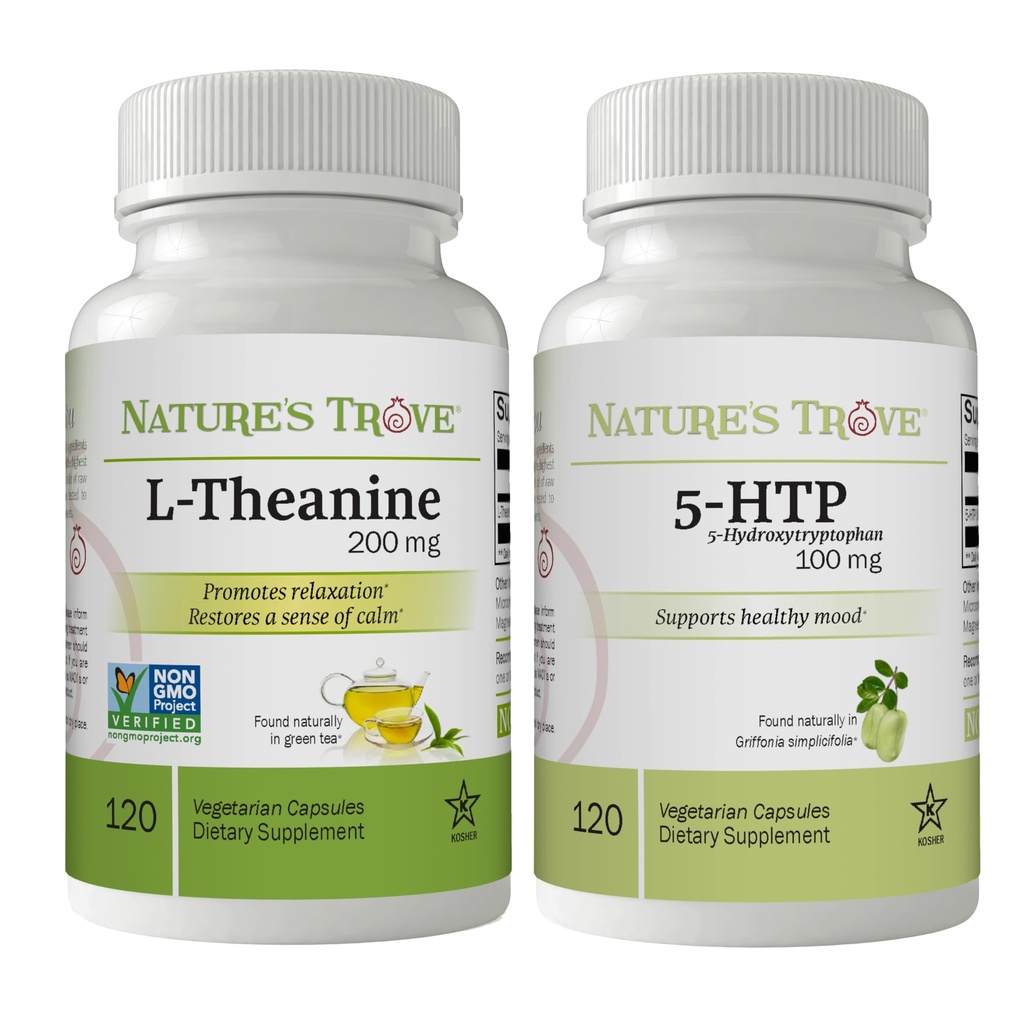 Nature 's Trove L-Theanine 200mg 120 채식 캡슐 및 5-HTP 100mg 120 채식 캡슐 - Calm & Healthy Mood Stack