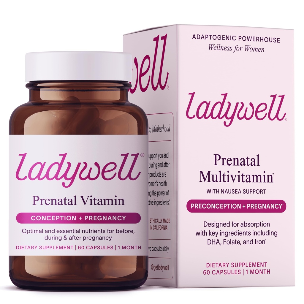 Ladywell Prenatal Multivitamin | Conception, Pregnancy & Postpartum | DHA, Folate & Iron을 포함한 주요 성분 | 전문적으로 공식화 및 테스트 | Nausea Support, 60 Ct의 흡수용으로 설계