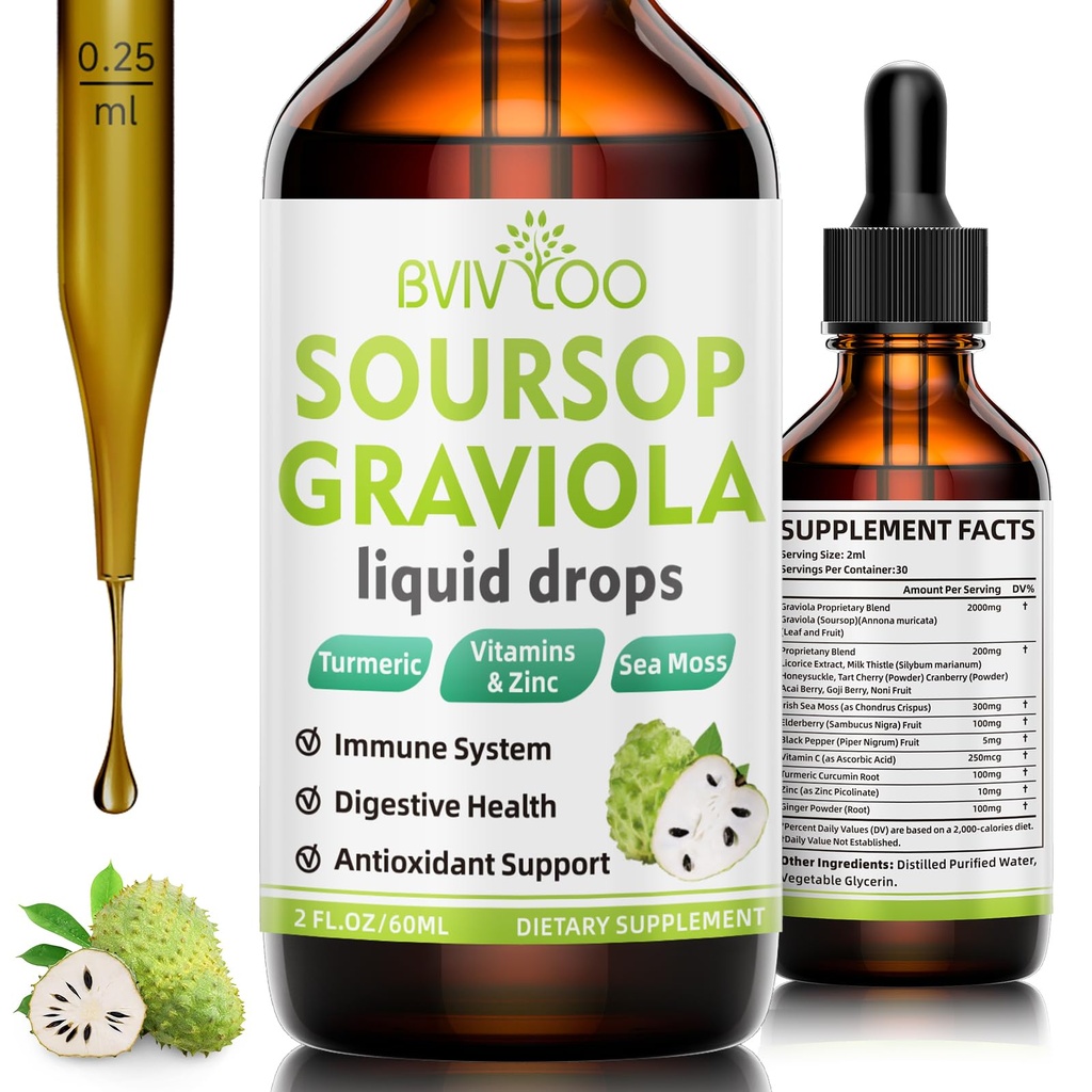 Soursop Graviola 액체 드롭 - 300mg Sea Moss & 100mg Elderberry와 혼합 된 2000mg 순수 Soursop 추출물 - 강력한 세포 지원, 산화 방지제 - Rich, 면역 - 2 Fl Oz (60ml) 병