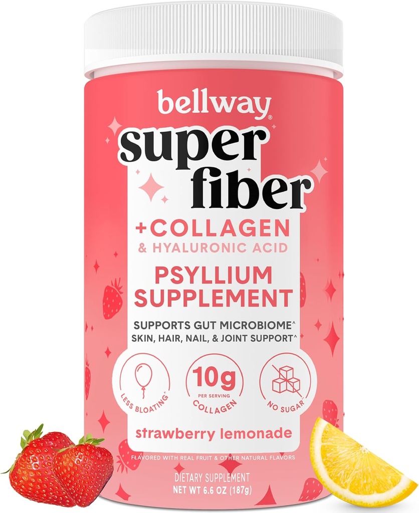 Bellway Super Fiber Powder + Collagen, Sugar-Free Psyllium Husk Powder with Collagen Peptides and Hyaluronic Acid for Gut Health, Healthy Skin, Nails, Bones & Joints, Strawberry Lemonade (11 서빙)