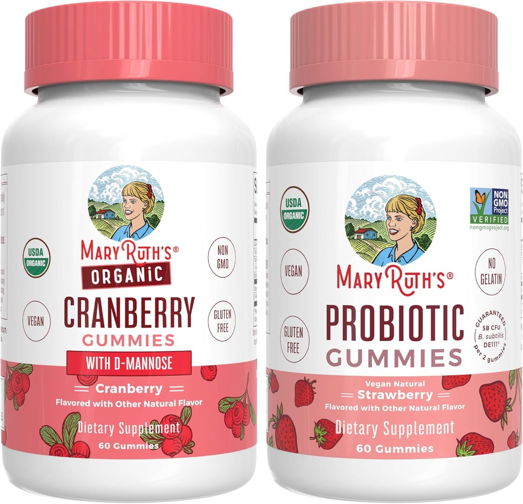 MaryRuth Organics Cranberry & Probiotic Gummies (Strawberry) | USDA Organic, Clean Label Project Verified® | 우린트 및 과트 건강 비타민 | Vegan, Non-GMO, 젤라틴 없음